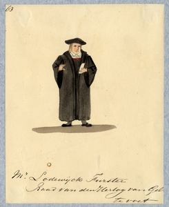 32741 Afbeelding van een kostuumontwerp van mr. Lodewijk Furster, raad van de hertog van Gelre, figurant in de ...
